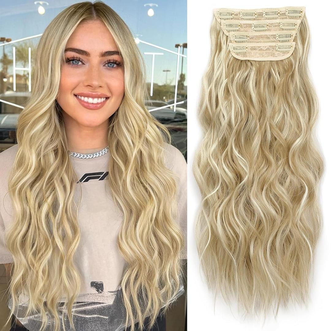 KooKaStyle Beach Blonde Hair Extensions Clip in Synthetic Highlight Hair Extensions Long Wavy 4PCS Thick Hairpieces 20 Inch for Women