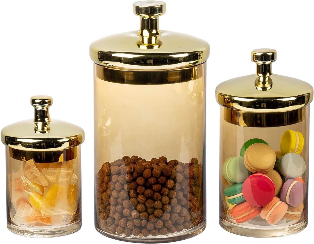 MyGift Glass Apothecary Jar Set with Brass Lids, Decorative Kitchen and Bathroom Storage Canisters, Wedding Centerpiece Jars, Candy Buffet Containers (Amber / Gold)