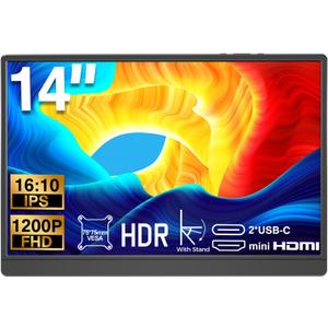 14 Inch Portable Monitor, FHD 1920x1200 IPS16:10 Display with Built-in Kickstand, USB-C/HDMI Plug and Play, Compatible with Laptop, PC, Mac, Mobile, PS5, PS4, Xbox, Switch