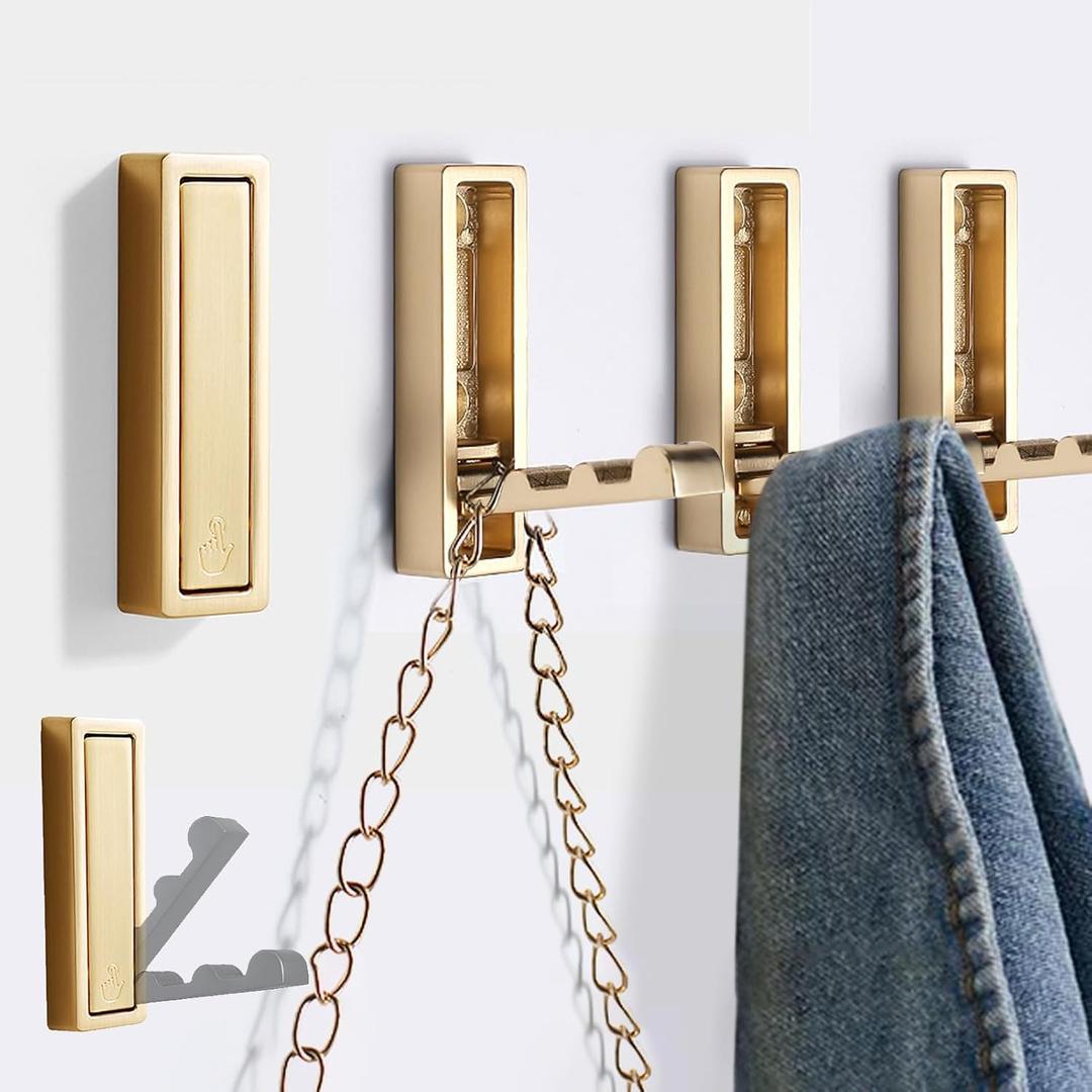 Foldable Gold Wall Hooks 4 Pack,Heavy Duty Wall Hooks for Hanging Coats Towels Backpacks Bags Brushed Gold Towel Hooks in The Bathroom,Closet,Entryway,Pool and Kitchen.(Gold, 4)