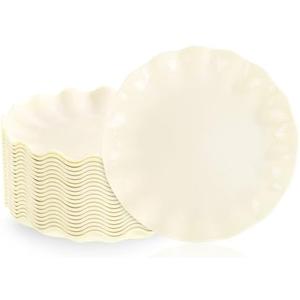 LIYH 20 Pcs Beige Plastic Plates Reusable 7.5 Inch - Unbreakable Plastic Dessert Plates - Scalloped Cake Plate for Weddings Camping Party Outdoor Picnics Dishwasher Safe BPA Free (20Guests)