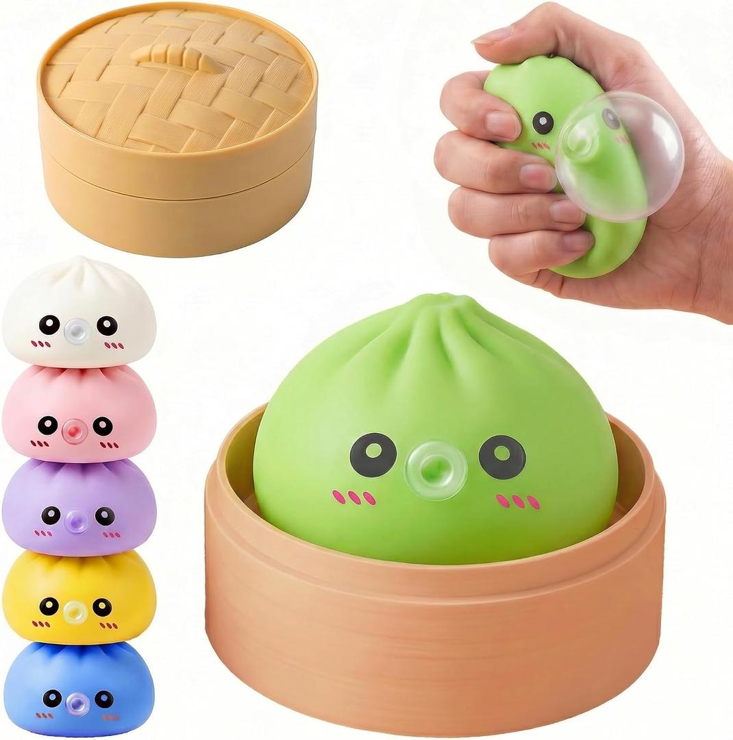 Dumpling Squishy Toy with Bubble Blowing Feature, Squishy Dumpling Stress Relief Toy, Cute Bao Bun Squeeze Toy with Steamer Box, Soft Sensory Fidget Desk Toy Gift (2, Green)
