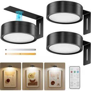 3-Pack Black Picture Lights for Wall, Battery Operated with Remote and Timer, 3 Color Temperatures & Dimmable, Art Display Light for Picture Frame Artworking PortraitWireless Wall Decor Puck Lights