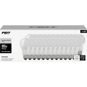 Feit Electric A19 LED Light Bulb, 60W Equivalent, E26 Medium Base, 800 Lumen, 3500K Neutral White light, Indoor/Outdoor General-purpose Light Bulbs, 11,000-Hour Lifetime, A800835/10KLED/MP/24, 24 Pack