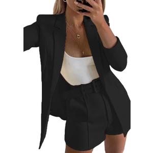 2 Piece Outfits for Women Long Sleeve Solid Open Front Blazer Shorts with Belt Casual Elegant Business Suit Sets (Small, Black)