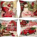 Lanpn Vintage Merry Christmas Throw Pillow Covers 16x16 Set of 4, Decorative 16 inch Retro Xmas Santa Cushion Covers Pillow Cases for Home Bedroom Room Holiday Couch Decor Decorations, Red 