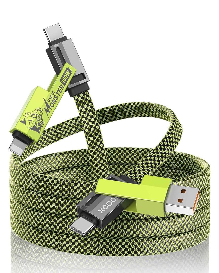 4-in-1 USB-C Cable (6ft), 100W USB-C Charger Cable with Hook-and-Loop Fastener and Cable Management, USB-C Cable/Fast Charging for MacBook, iPad, iPhone, Samsung, Green