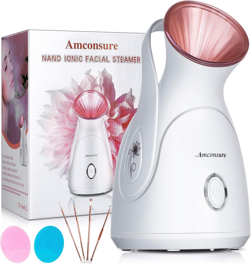 Facial Steamer, Amconsure Nano Ionic Face Steamer for Home, 100ML Warm Mist Humidifier for Women Moisturizing, Unclogs Pores-Bonus Stainless Steel Skin Kit and 2 Face Scrubbers (C-rose Gold)