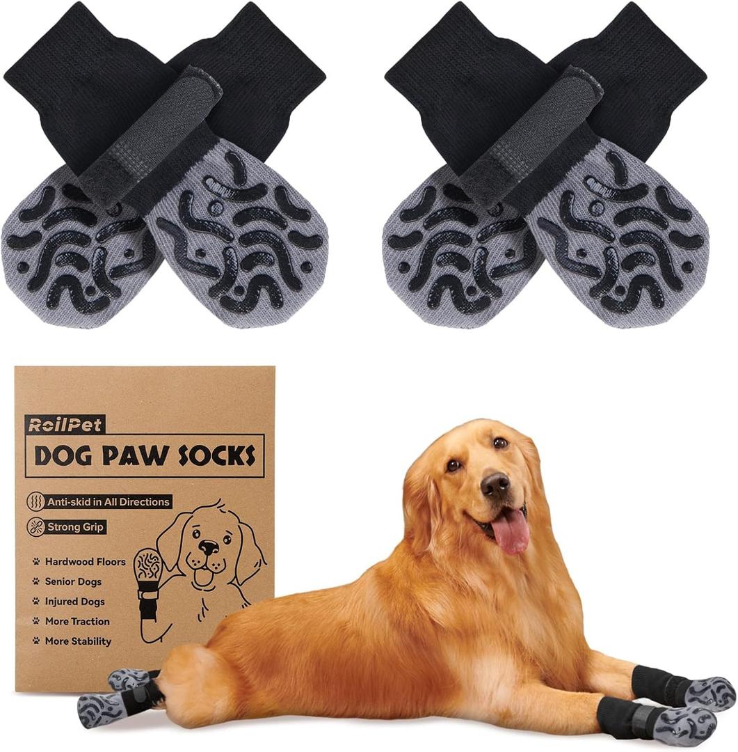 Grippy Non-Slip Dog Socks to Prevent Licking Paws - Strong Traction for Hardwood Floors, Senior Dogs, Paw Protector, Prevent Scratching, Thick Anti Slip Dog Socks Size - Large