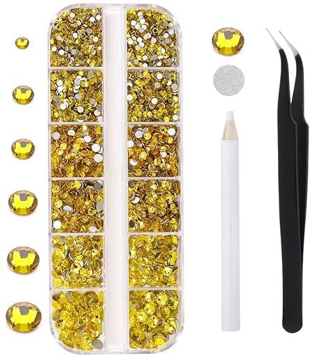 3792pcs Yellow Crystal Flatback Rhinestones Glass Diamantes Round Gems for Crafts Nail, Makeup, Clothes, Mixed 6 Sizes with Wax Pencil and Tweezer Kit(SS6~SS20)