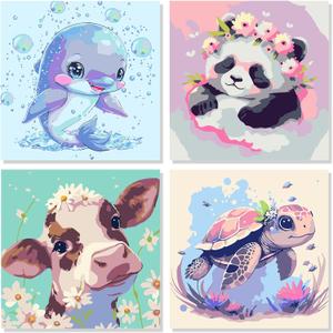 2 x FLAJZ 4 Pack Paint by Numbers Kit for Kids, Animals Paint by Number Kits for Kids Ages 4-8, DIY Animal Oil Painting Suitable for Home Decoration (8x8inch)