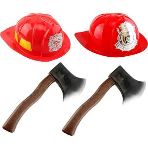4 Pack Adult Firefighter Helmet and Axe Set Red Fireman Hat Halloween Axe Prop for Kids Adult Halloween Dress Up Accessories