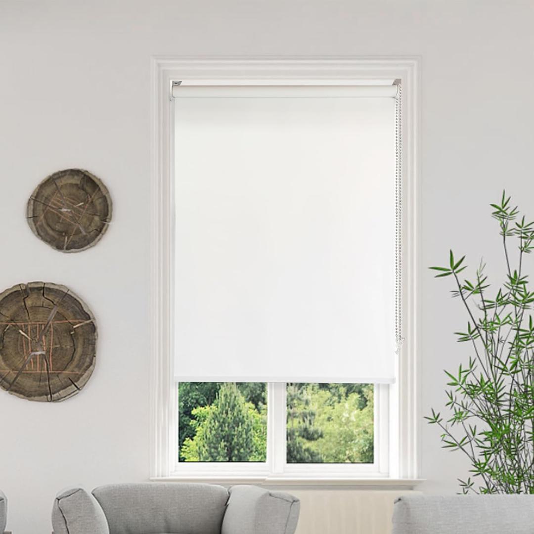 100% Blackout Window Roller Shade, Window Blind, Easy Installation, White. (White, 42" W x 72" H)