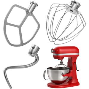 Stainless Steel Accessories 3 Piece Kit for KitchenAid 5.5 and 6 Quart Lift-Up Stand Mixers, Includes 5.5-6QT Flat Beater, Dough Hook, KN256WW 6-Wire Whisk for Kitchen Aid Attachments & 6 Qt Bowl