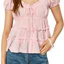 Women's Y2k Puff Sleeve Tiered Ruffle Tops Babydoll Tie Front V Neck Cute Blouses Going Out Outfits (Pink, S)