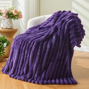 NEWCOSPLAY Super Soft Twin Blanket Purple Premium Silky Flannel Fleece 3D Ribbed Jacquard Lightweight Bed Blanket All Season Use (Purple Ribbed, Twin(60"x80"))