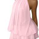 Women's Chiffon Halter Drop Waist Mini Dress Wedding Guest Dresses Ruffle Formal Holiday Club Brunch Outfits (Pink, S)