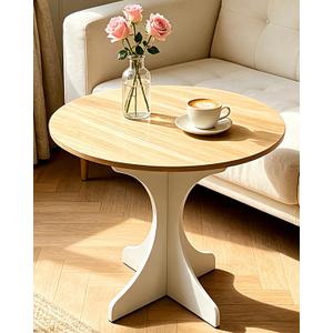 Mid Century Modern Round Side Table Accent End Table 24in Coffee Table with Walnut Wood Grain Tabletop & White Curved Base for Living Room Bedroom Sofa Corner, Pedestal Nightstand