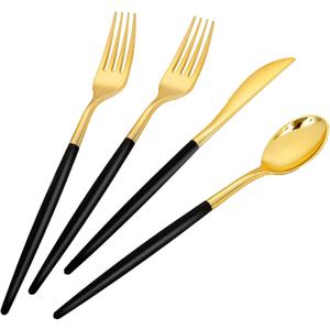 SUT Gold Plastic Silverware (160Pcs) Forks and Spoons Disposable, 80 Gold Plastic Forks, 40 Gold Knives, 40 Gold Spoons, Black and Gold Utensils Set Disposable for Parties, Weddings,New Year,Halloween