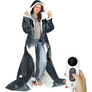 Wearable Heated Blankets, Electric Snuggle Blanket with Foot Pockets, Sleeves, Hood, Waist Belt, 50"x70" Electric Heating Throw Blanket Wearable Heated Robe