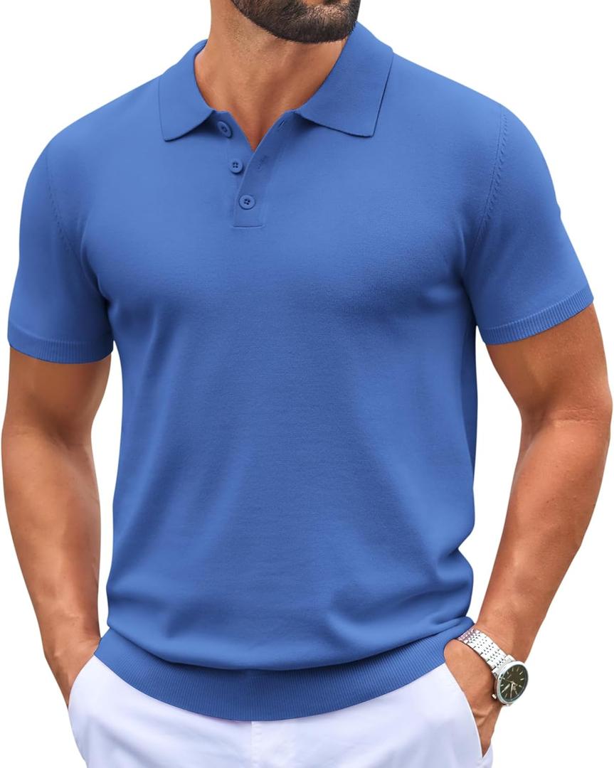 COOFANDY Mens Knit Polo Shirts Casual Short Sleeve Button Down Polo Shirt Classic Golf Shirts, S
