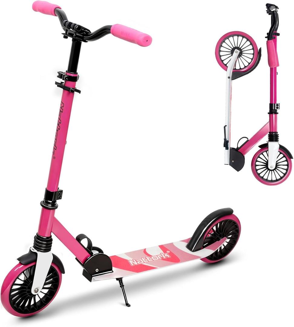 Nattork Kick Scooter for Age 6+ Kids Teens Adults, Max Load 240 LBS, Adjustable Height Foldable with 8" Large Wheels, Anti-Shock Suspension