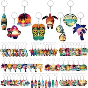 64 Pcs Summer Beach Favors Keychain Gifts Set Wooden Sea Turtle Surfboard Flip Flop Flower Shell Glasses Keychains Bulk Luau Pool Key Chains for Summer Tropical Hawaiian Party Supplies