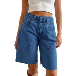 PLNOTME Womens Crossover Denim Shorts Summer Asymmetrical High Waisted Straight Leg Jean Shorts (Blue, M)