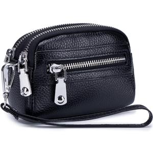 Genuine Leather Mini Wristlet Wallet Coin Pouch Handbag Clutch with Wrist Strap (Black)