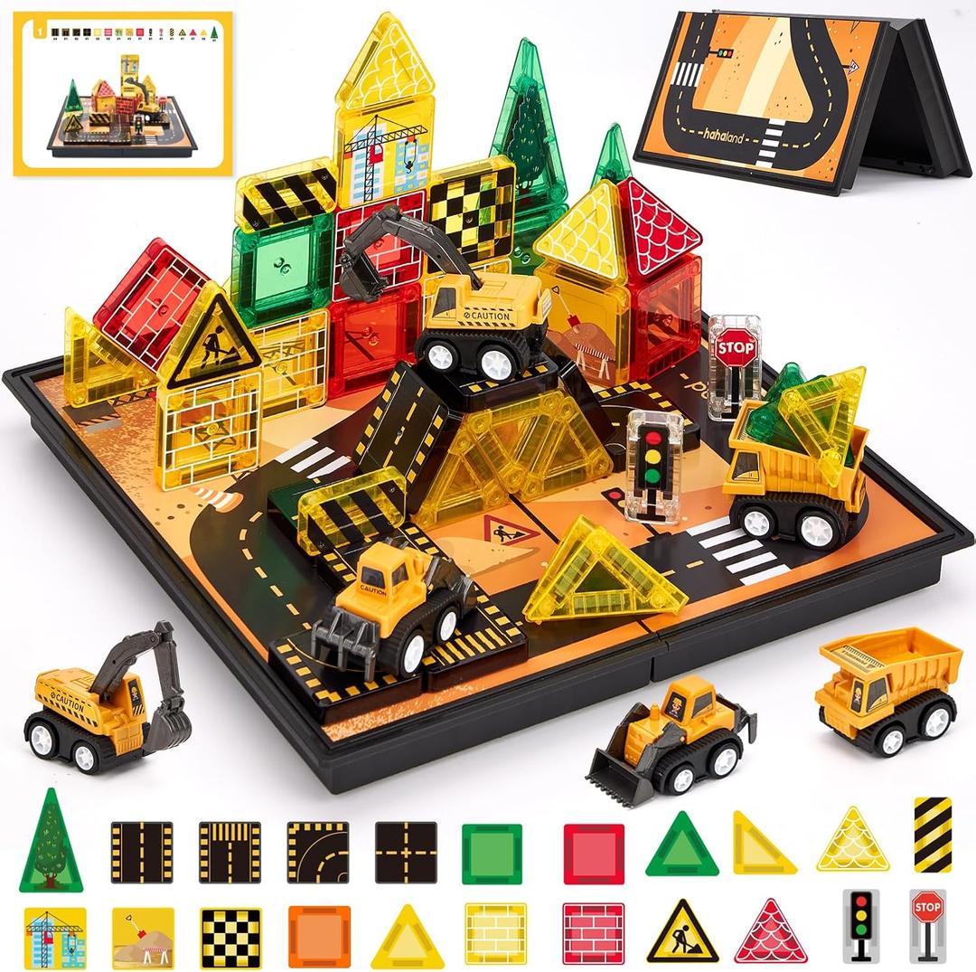 hahaland Mini Magnetic Tiles Travel Road Construction Toys Magnetic Building Blocks with Engineering Vehicles Trucks Case 2-in-1 Road-Themed Box Montessori Birthday for 3-6 Year Old Toddler
