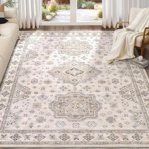 Washable Area Rugs for Living Room - 9x12 Neutral Vintage Distressed Floral Farmhouse Boho Large Soft Floor Rug Indoor Non Slip Carpet for Living Room Bedroom Dining Room Office - Beige Brown