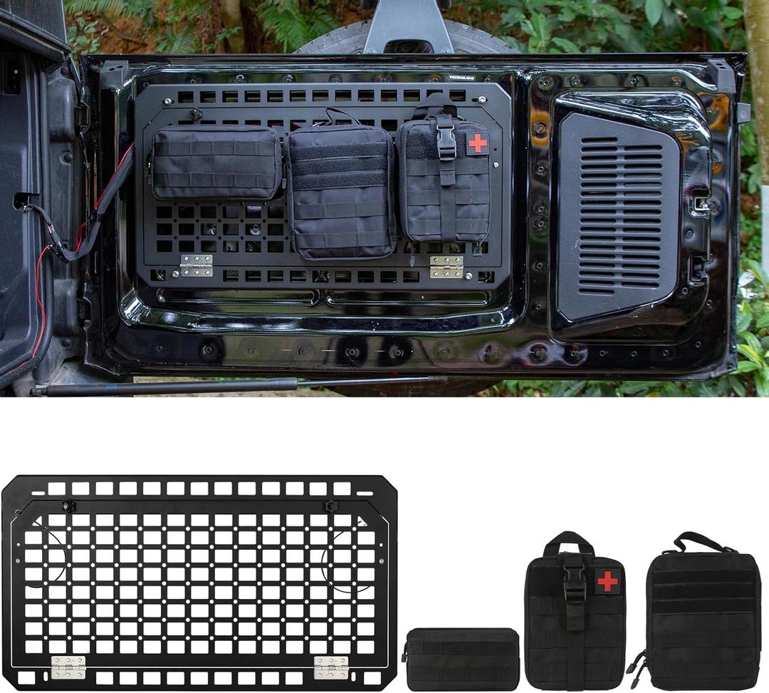 Bronco Tailgate Table Foldable Rear Cargo Shelf with 3 Pouch,Bronco Tailgate Tactical Molle Panel Compatible with Ford Bronco 2021-2023(Aluminium Alloy, Black)