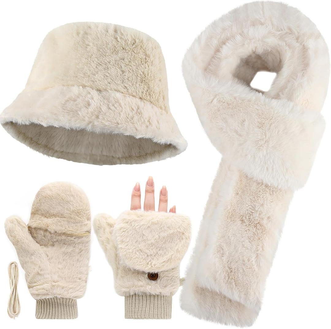 Jeere 3 Pcs Winter Faux Fur Hat Scarf Gloves Set for Women Faux Fur Bucket Hat Winter Flip Gloves Warm Scarf for Men Women (Beige)