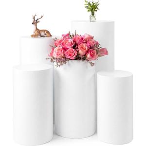 Zonon 5 Pcs Cylinder Pedestal Stands for Party, Metal White Display Stands Pillars for Wedding Bridal Ceremony Baby Shower Birthday Party Decorations