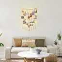 Mkono Macrame Hanging Photo Display Wall Decor with String Lights Boho Room Bedroom Wooden Beads Garland Picture Greeting Cards Holder with 30 Clips