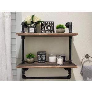 Industrial Bathroom Shelves Wall Mounted 2 Tiered,24in Pipe Shelving Wood Shelf with Towel Bar,Rustic Farmhouse Towel Rack,Metal Floating Shelves Towel Holder,Iron Distressed Shelf Over Toilet