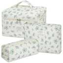 senbowe Floral Makeup Bag, 3 Pack Large Cotton Quilted Makeup Bag Set, Cute Floral Coquette Aesthetic Toiletry Bag Make Up Cosmetic Bag for Women, Toiletry Travel Make Up Organizer Bag (Blue-Green Flower)