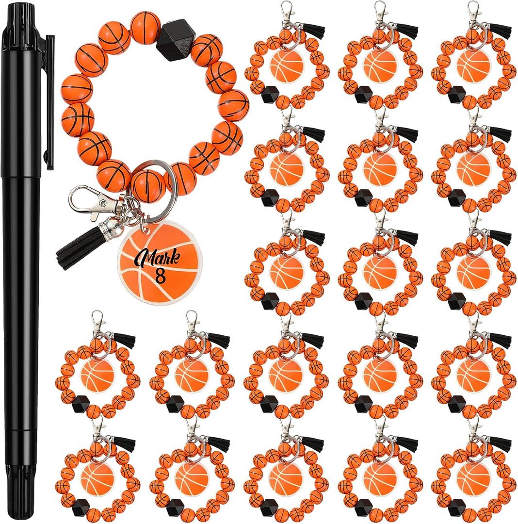 Siifert 20 Pcs Basketball Keychain Team Gifts for Sports Lover Wood Bead Sports Charm Wristlet Bracelet Gift for Holiday Favors Coach Student Teacher Party gift
