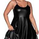 WDIRARA Women's Plus Size Spaghetti Strap Pu Leather Flared Hem A Line Cami Dress, Black  XL