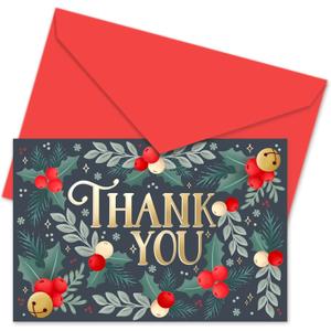 Honeyplum Christmas Thank You Cards With Envelopes - Set of 24 With Matching Color Envelopes & Gold Foil Stamp Lettering - Blank Inside