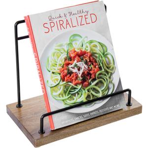 MyGift Premium Acacia Wood and Matte Black Metal Cookbook Stand  Rustic Kitchen Countertop Book Holder Rack for Recipes, Tablets, Cutting Boards