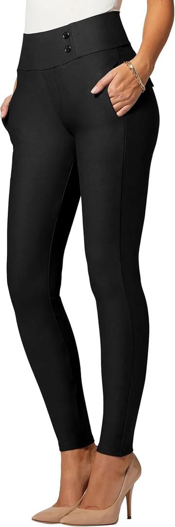 Conceited Stretch Slacks for Women - Wear to Work - Tummy Control - Slim Leg - Pockets - Ponte - (Large, Black)