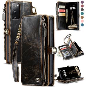 Defencase Compatible with Samsung Galaxy S20 FE 5G Case Wallet with RFID Blocking Card Holder for Women Men, PU Leather Magnetic Snap Flip Zipper Strap Wallet Phone Case Fit for Galaxy S20 FE, Coffee