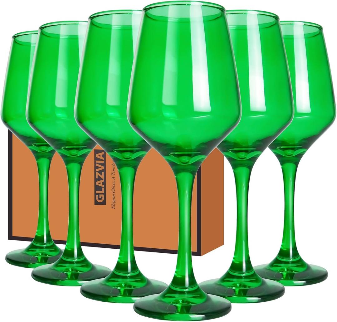 GLAZVIA Green Wine Glasses Set of 6, 14oz Stemmed Crystal Glasses, Thick & Colored, Dishwasher Safe Stemware for Red or White, Gift for Party, Holiday, Anniversary, Restaurant, Home Bar, Daily Use