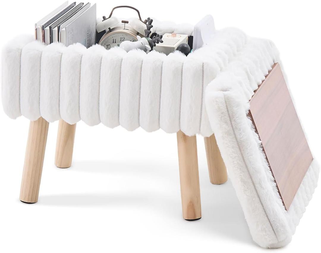 Wimarsbon Storage Ottoman,Soft Faux Fur Footstool with Padded Seat, Small Reading Vanity Chair, Footrest with Wood Tray for Couch, Mini Coffee Table or Display Stand (Cream)