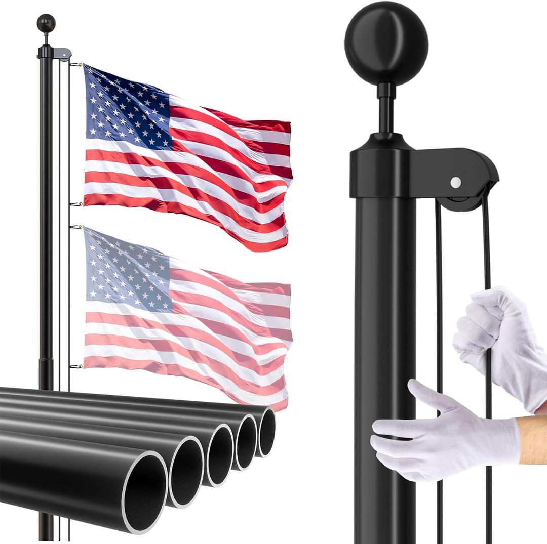 14 Gauge Flag Pole for Outside In Ground, 20 FT Heavy Duty Flagpole Kit for Yard, Extra Thick Outdoor Flag Poles with 3x5 American Flag for Residential or Commercial, Black