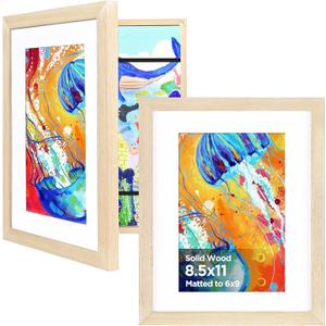 KINLINK 8.5x11 Kids Art Frames Set of 2, Solid Wood Kids Artwork Frames Changeable with Acrylic Front Opening Holds 150 Pictures, Art Frame for Kids Artwork with Mat or without Mat, Natural