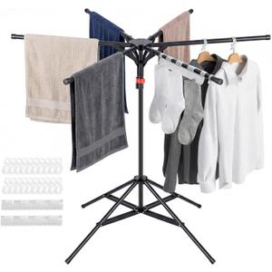4-Leg Clothes Drying Rack with 6 Adjustable Poles, 20 Windproof Hooks and 2 Sock Clips Foldable Laundry Drying Rack, Space-Saving Indoor/Outdoor Clothes No-Installation Drying Stand, Black