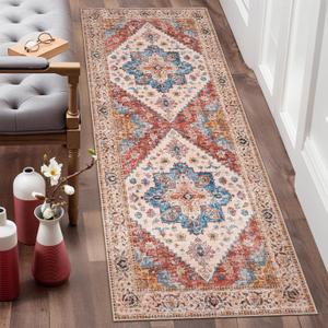 Ciicool Washable Runner Rug Non Slip, 2'x6' Hallway Rug Vintage Kitchen Rugs Carpet for Bedroom Laundry Bathroom Decor (2' x 6', Vintage Orange/Blue)