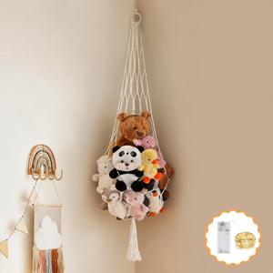 Stuffed Animal Hammock Corner Net Plushies Storage Hammock for Stuffed Animals Boho Room Decor Macrame Wall Decor with LED Light (Large, White)